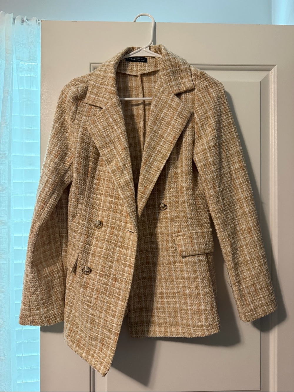 Women’s Plaid Double-Breasted Blazer Jacket - Beige